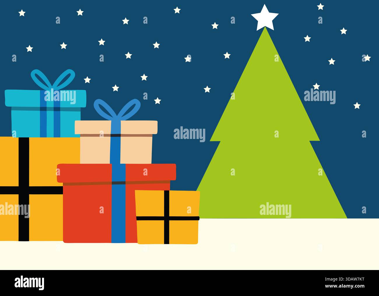 I regali in vari colori sono impilati accanto a un vivace albero di Natale verde. Lo sfondo è caratterizzato da un cielo blu intenso pieno di stelle e festività Foto Stock