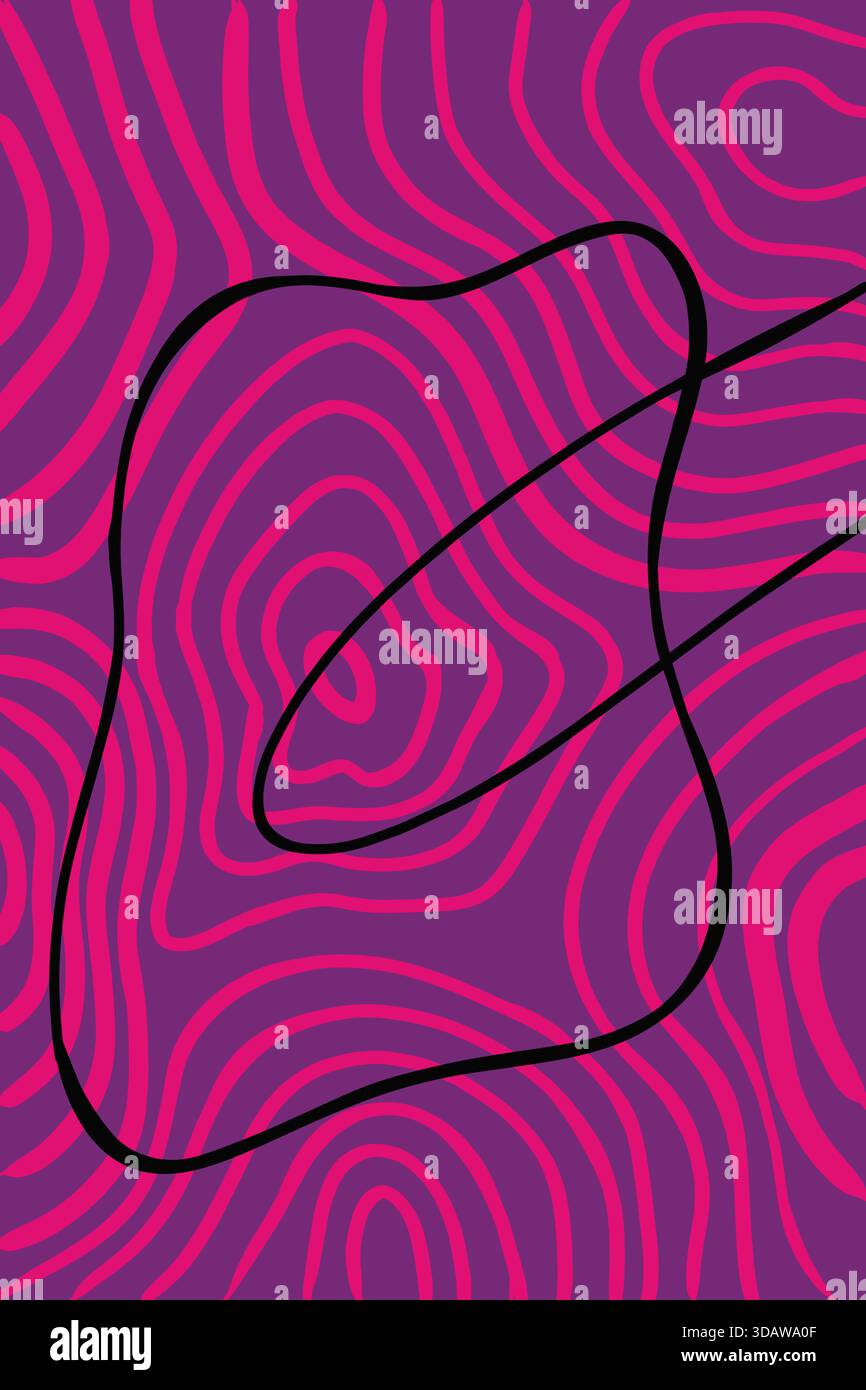 Design astratto con linee rosa vivaci che creano forme geometriche dinamiche su un ricco sfondo viola. Le linee curve nere aggiungono profondità e creano un senso Foto Stock