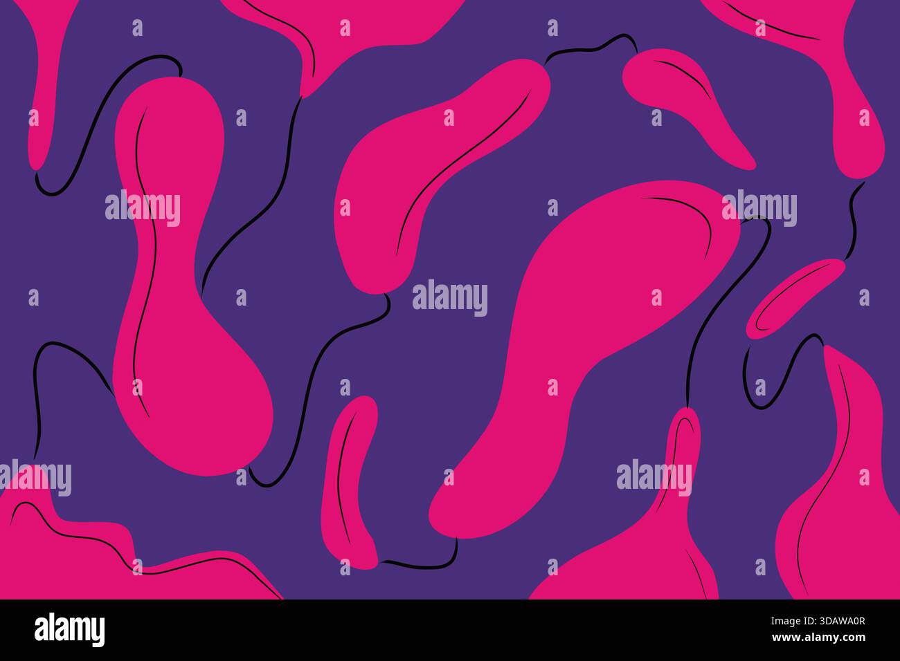 Un'illustrazione astratta dinamica con forme rosa organiche delineate con linee nere su un audace sfondo viola. Ideale per un ambiente moderno e creativo Foto Stock
