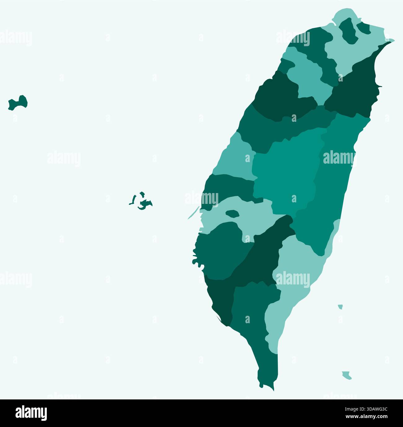 Mappa di Taiwan con le regioni. Solo una semplice mappa di confine con la divisione della regione. Tavolozza dei colori ottanio. Illustrazione Vettoriale