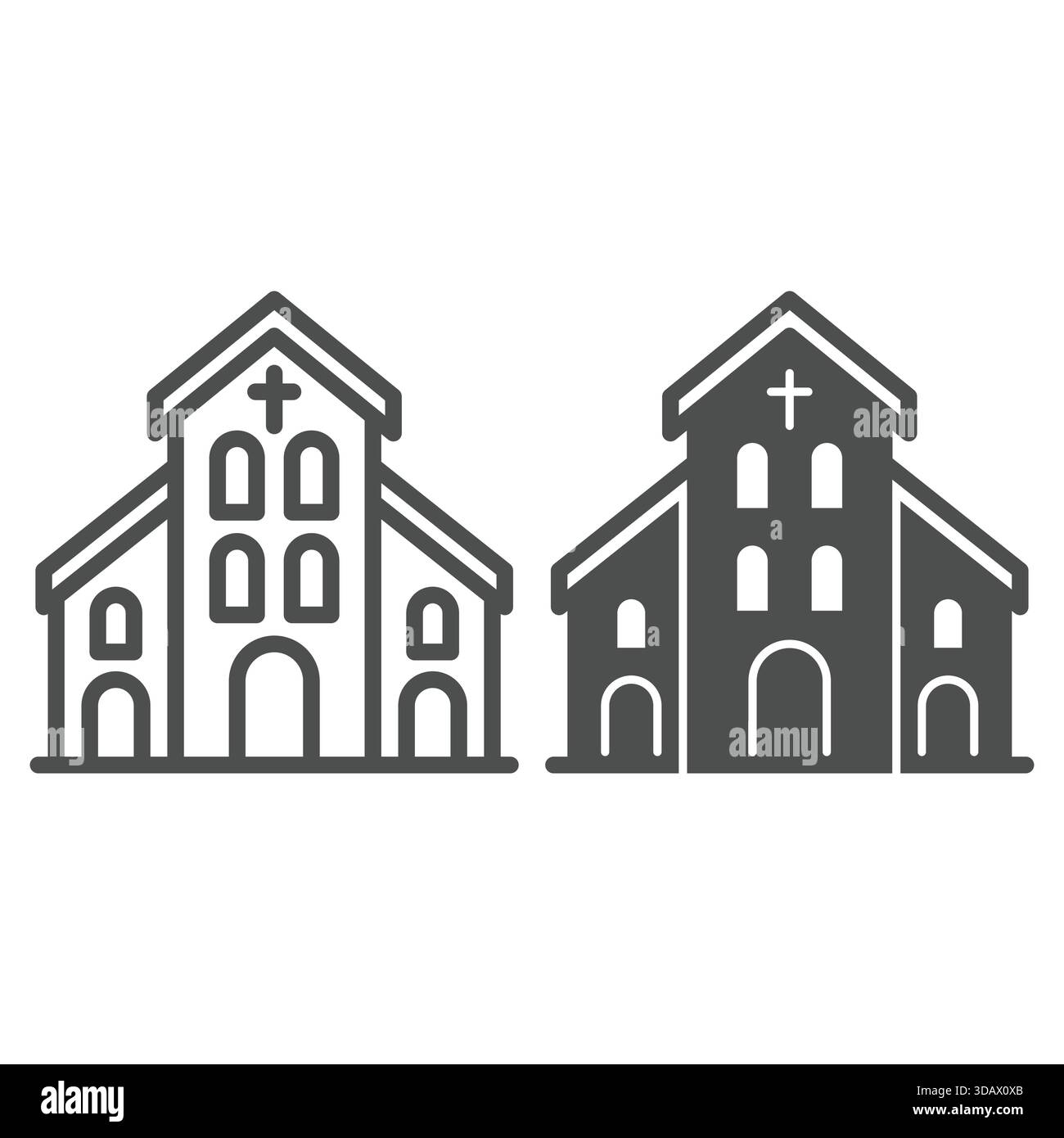 Linea di chiesa cattolica e icona solida, concetto di festa di pasqua. Grafica vettoriale. Edificio della Chiesa, religione per le preghiere, segno su sfondo bianco, contorno Illustrazione Vettoriale