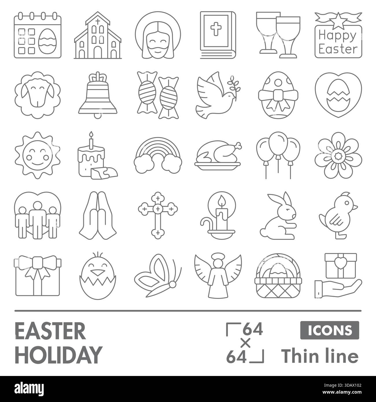 Collezione di simboli o schizzi delle festività pasquali. icone a tema buona pasqua in stile sottile insegne per web e app. Grafica vettoriale isolata su bianco ba Illustrazione Vettoriale