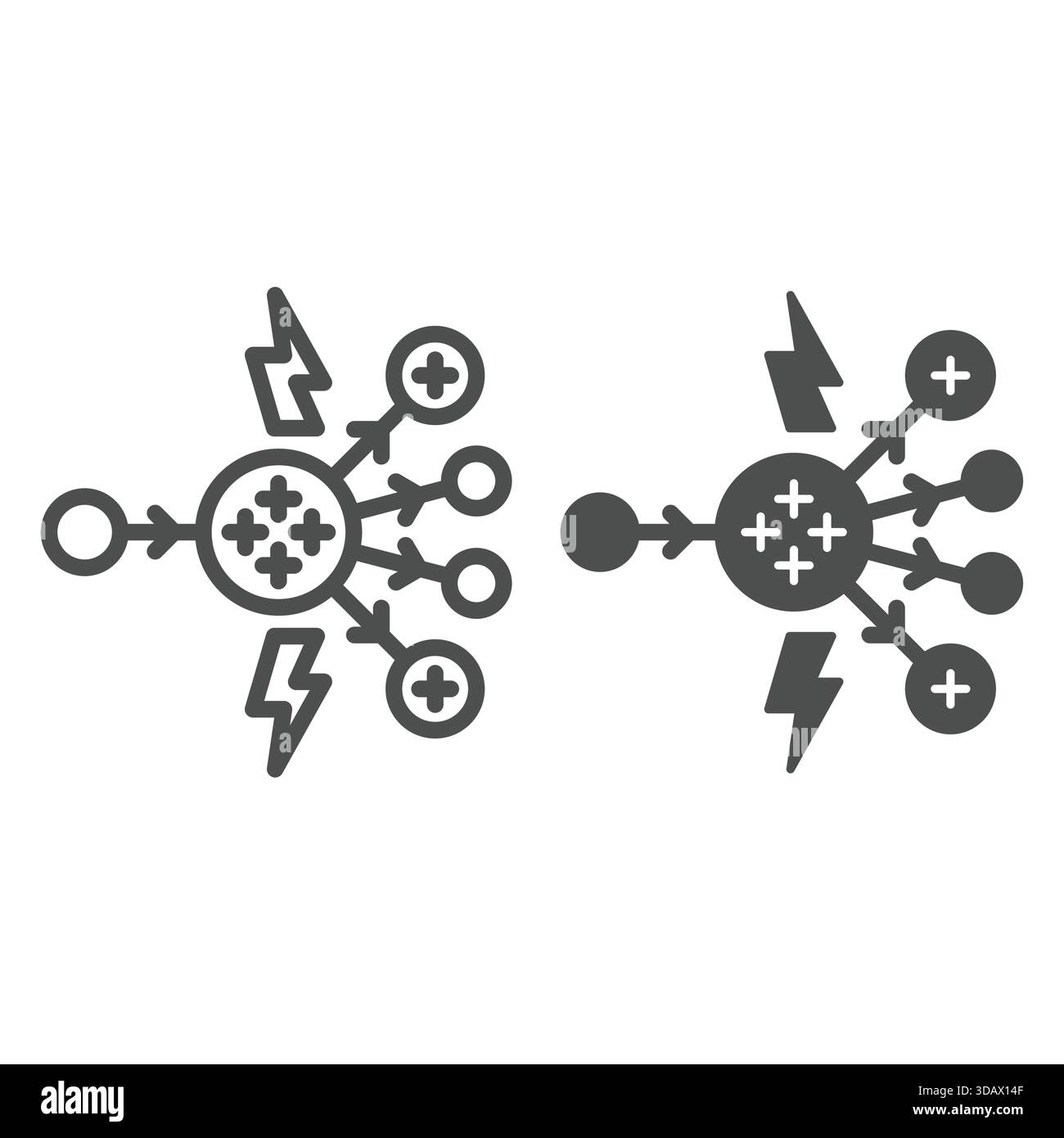 Linea di reazione atomica a catena radioattiva e icona solida, concetto di energia atomica. Grafica vettoriale. Segno dell'elemento di radioattività su sfondo bianco, contorno S Illustrazione Vettoriale