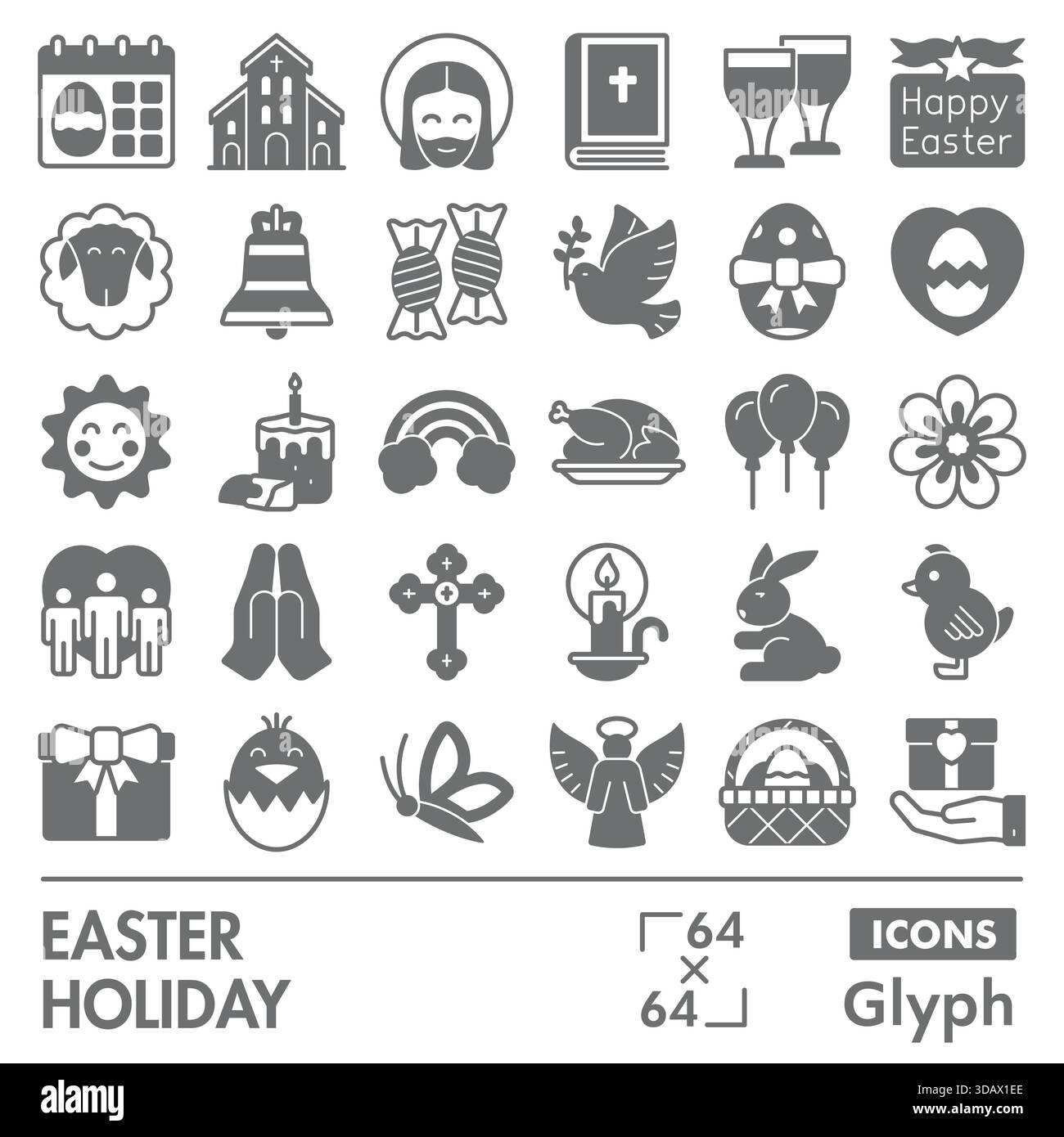 Collezione di simboli o schizzi delle festività pasquali. icone a tema di buona pasqua in stile glifo segni per il web e l'app. Grafica vettoriale isolata su sfondo bianco Illustrazione Vettoriale