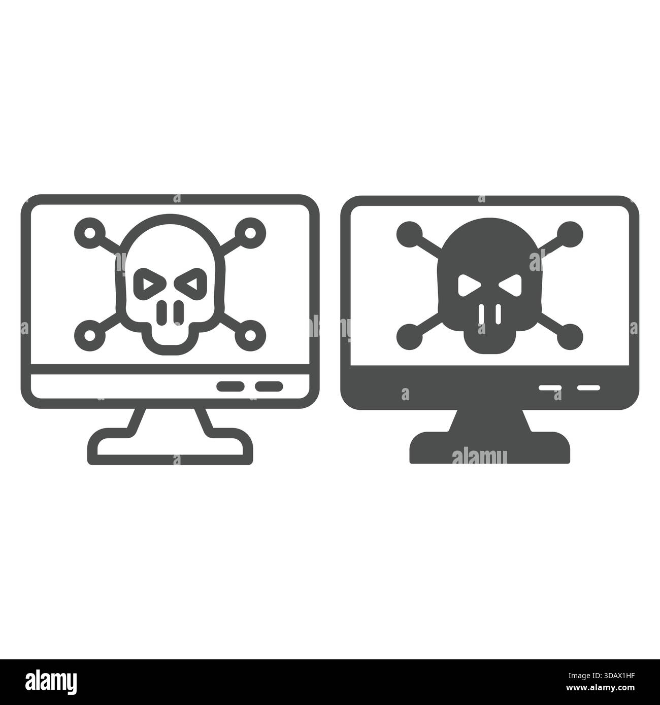 Monitoraggio con linea cranio e ossa e icona continua, concetto di attacchi hacker. Grafica vettoriale. Infettato da virus, il display del computer mostra il segno su backgroun bianco Illustrazione Vettoriale