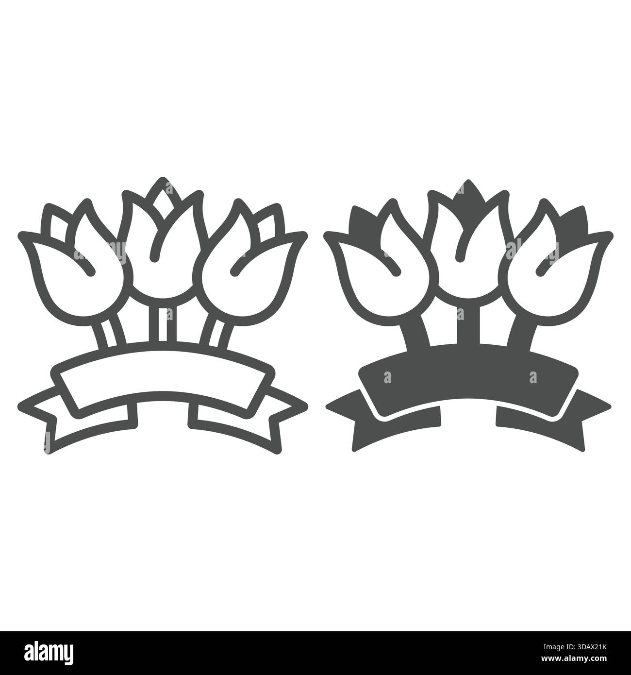 Tre tulipani con linea a nastro e icona a tinta unita, concetto per la festa della mamma. Grafica vettoriale. Insegna del bouquet di fiori su sfondo bianco, icona stile contorno per mese Illustrazione Vettoriale