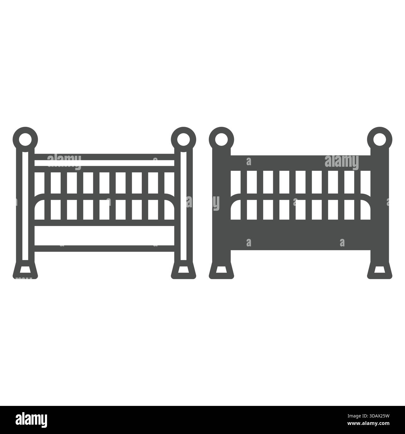 Letto in legno per la linea del bambino e icona solida, concetto per la festa della mamma. Grafica vettoriale. Culla per bambini, insegna della culla su sfondo bianco, icona stile contorno per mobi Illustrazione Vettoriale