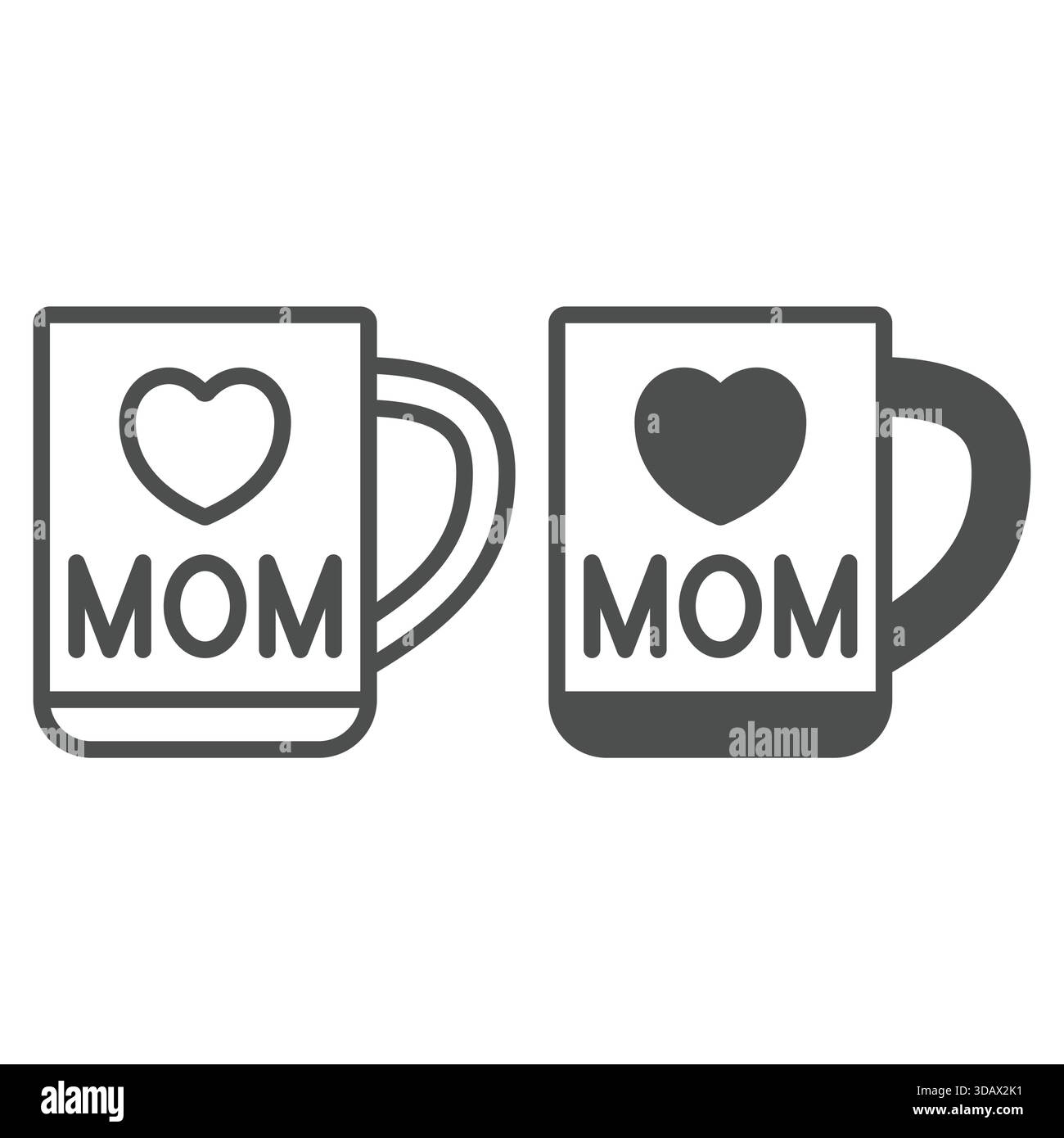 Tazza in ceramica con linea di lettere PER MAMMA e icona a forma di tinta unita, concetto per la festa della MAMMA. Grafica vettoriale. Tazza con amore, segno a forma di cuore su sfondo bianco, contorno st Illustrazione Vettoriale