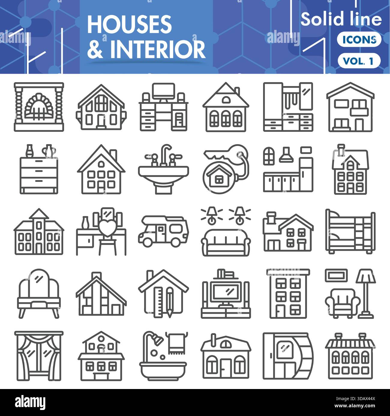Collezione di interni della casa o schizzi. icone a tema di design degli interni in linea segni per web e app. Grafica vettoriale isolata su sfondo bianco Illustrazione Vettoriale