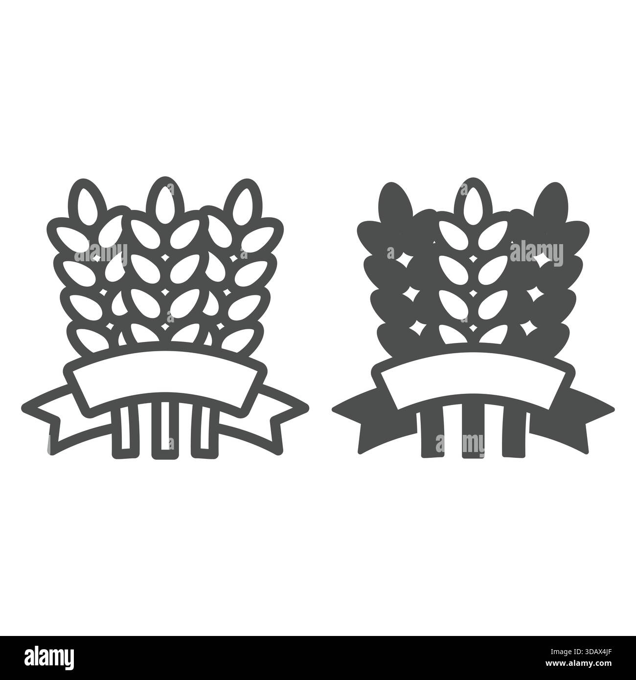 Orecchie di grano con linea a nastro e icona solida, concetto di produzione di grano. Grafica vettoriale. Segnale impianto grano grano su sfondo bianco, contorno stile ic Illustrazione Vettoriale