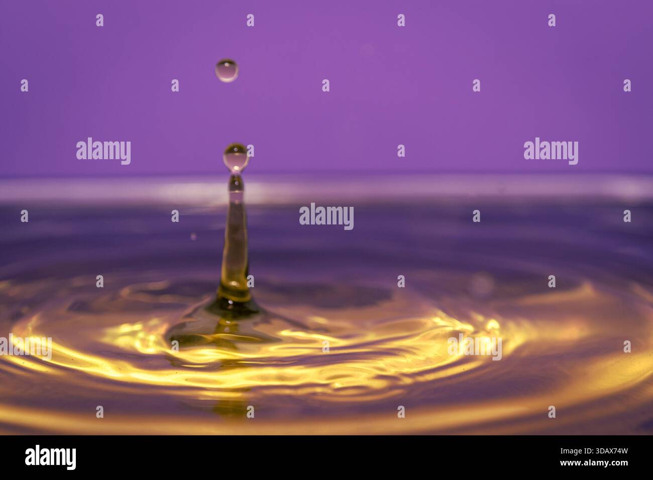 Macro ad alta velocità di colonna d'acqua dorata e goccioline su sfondo viola, concetto astratto di movimento ed energia colorato. Foto Stock