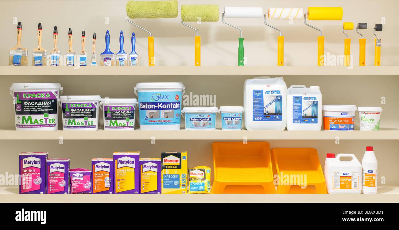 Erevan Armenia 12.5,2025. Uno scaffale con molti articoli diversi, incluso un contenitore con la scritta "Master". Gli oggetti sono disposti in modo simile a mak Foto Stock