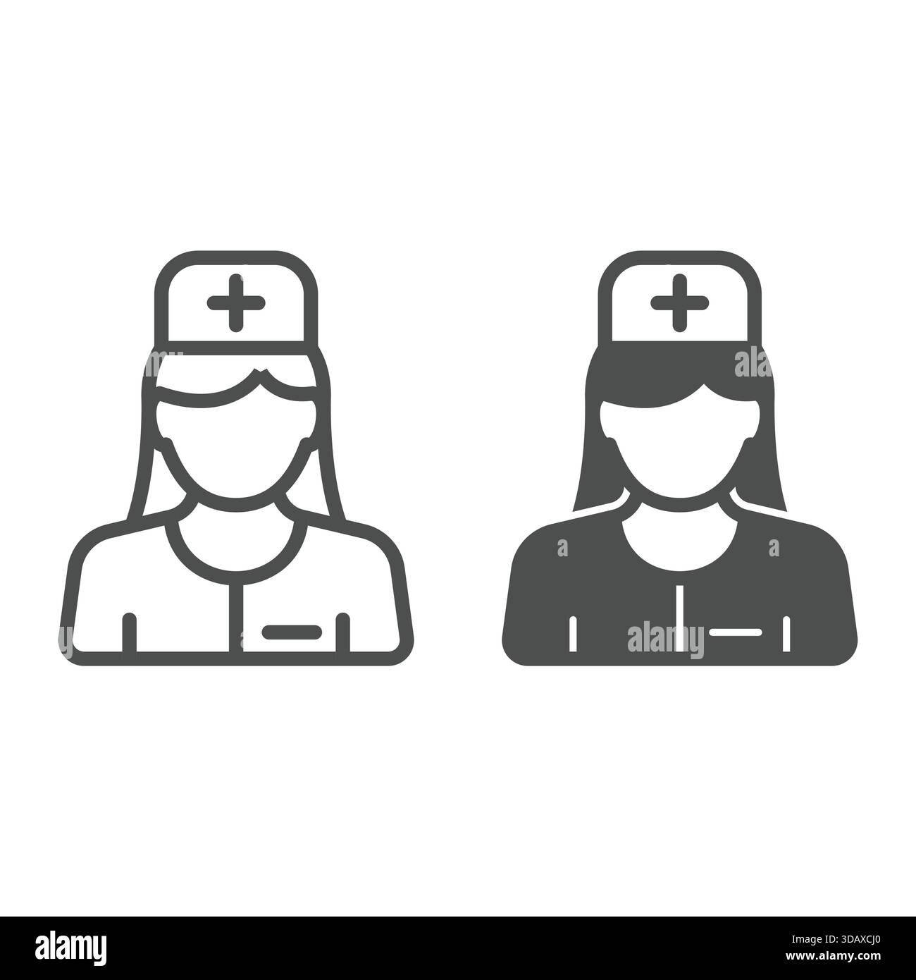 Infermiera donna con linea medica cappello trasversale e icona solida, concetto di salvataggio umano. Grafica vettoriale. Cartello profilo avatar paramedico su sfondo bianco, uscita Illustrazione Vettoriale