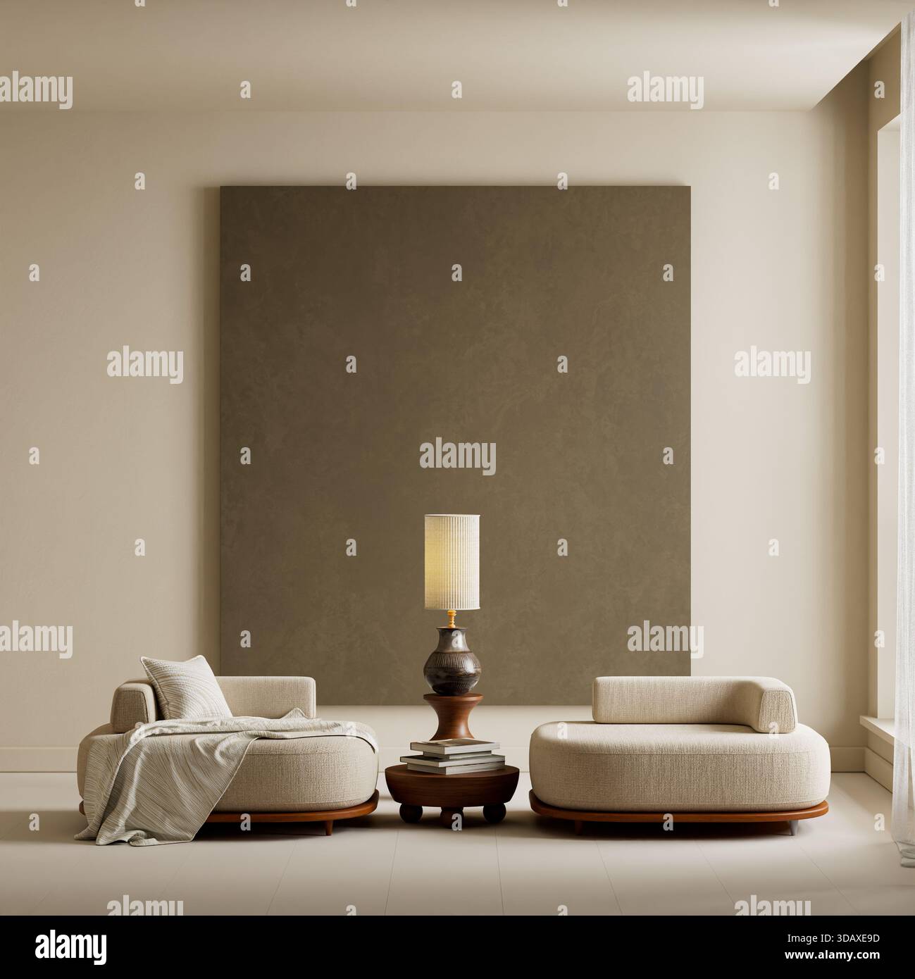 Gli interni raffinati combinano tessuti morbidi, delicate tonalità delle pareti, elementi in legno organico e luce solare filtrata per creare un minimo calmo e visivamente bilanciato Foto Stock