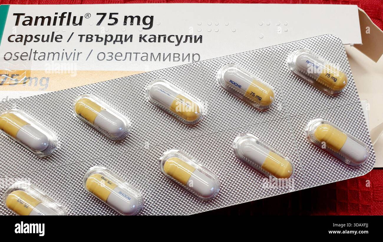 Tamiflu capsula oseltamivir su una confezione blister Foto Stock