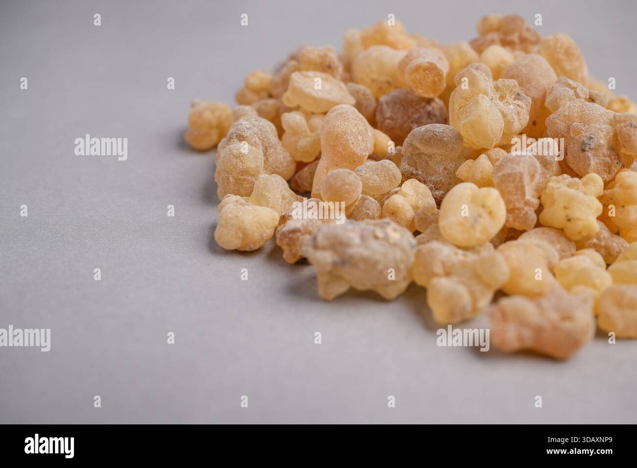 Macro natura morta delle lacrime naturali di Frankincense giallo pallido (Boswellia sacra) utilizzate per l'Incenso, l'aromaterapia e la medicina a base di erbe. Foto Stock
