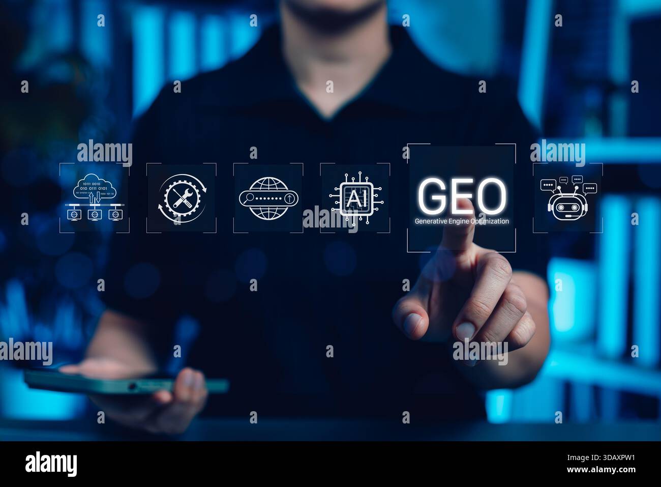 Concetto GEO (Generative Engine Optimization) con icone ai e interfaccia chatbot, che illustrano le moderne strategie di marketing digitale e di motori di ricerca p Foto Stock