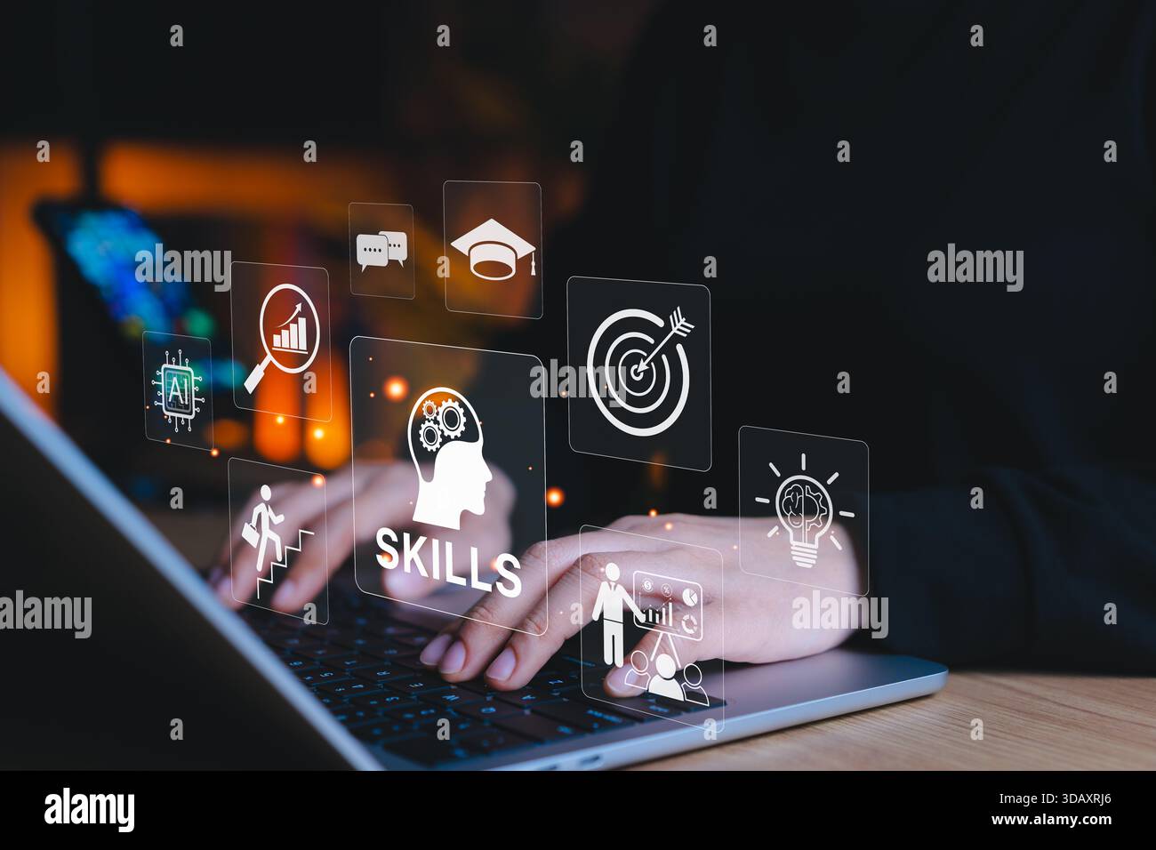 Sviluppo delle competenze e concetto di formazione. Le icone digitali dell'istruzione, dell'intelligenza artificiale, della crescita e dell'innovazione rappresentano l'apprendimento professionale, il miglioramento personale, Foto Stock