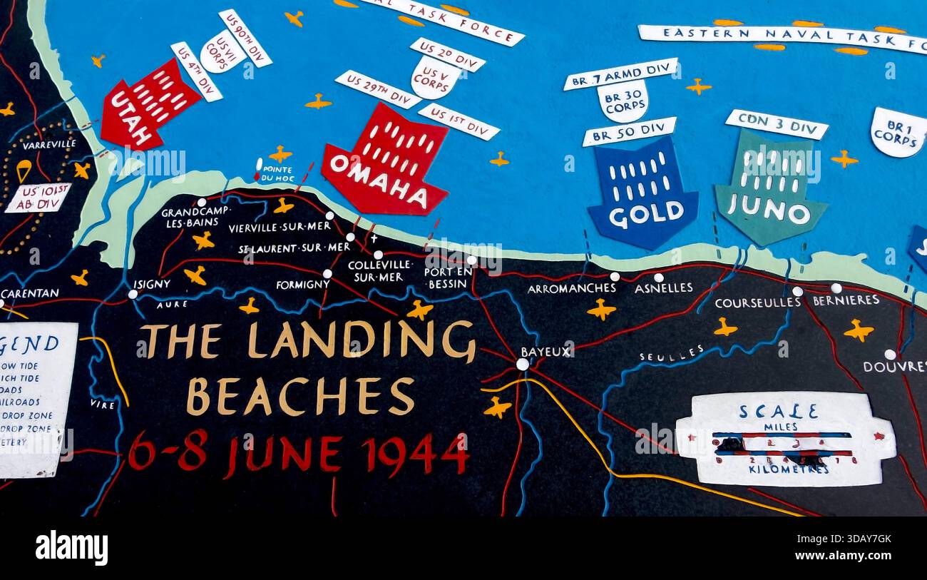 Mappa delle spiagge dello sbarco del D-Day nel Cenetery americano, Normandia, Francia Foto Stock