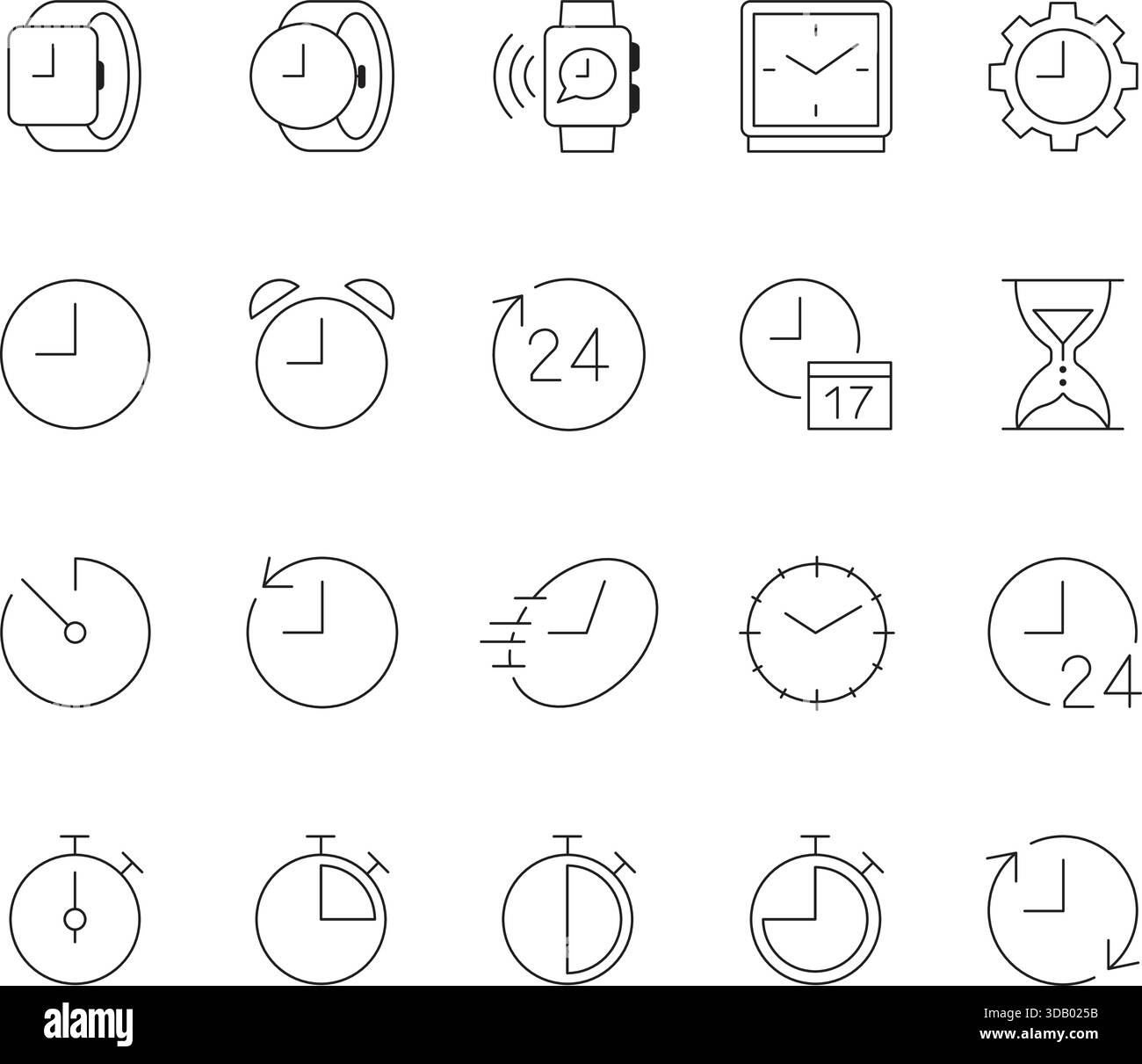 Icone di ora e linea sottile dell'orologio impostate. Simboli del contorno vettoriale per sorveglianza, allarme, programmazione, scadenza, clessidra, e gestione del tempo. Illustrazione Vettoriale