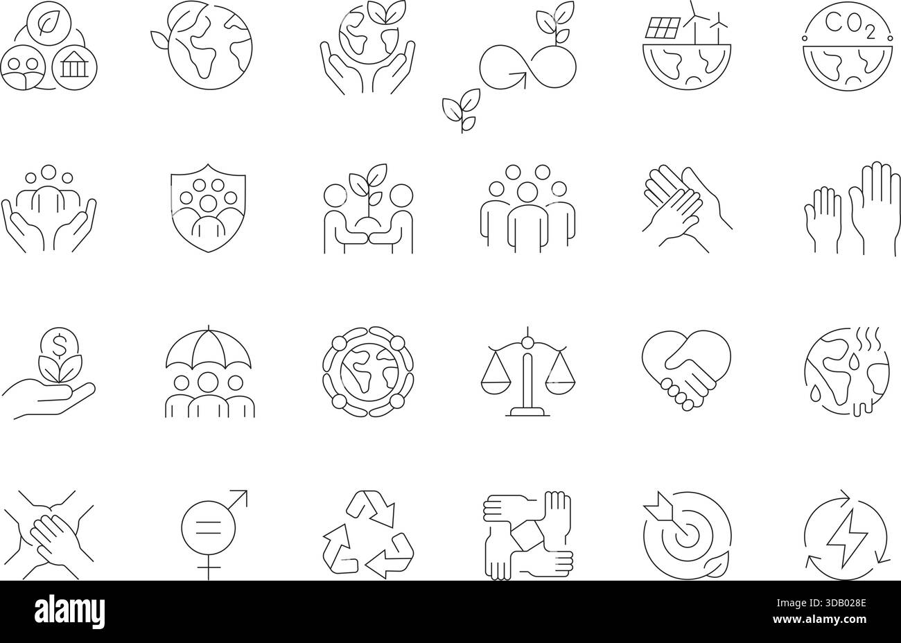 Set di icone delle linee sottili ESG (Environmental, Social, and Governance). Simboli vettoriali per responsabilità aziendale, etica e sostenibilità. Illustrazione Vettoriale