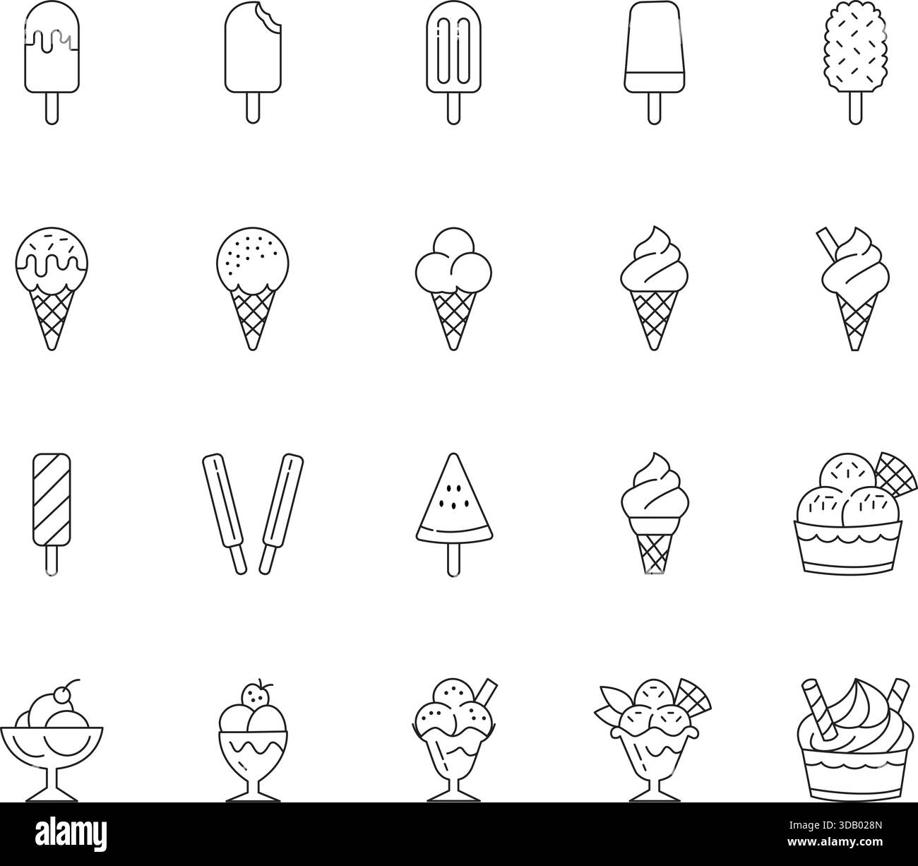Set di icone sottili per gelato e dessert congelati. Simboli vettoriali per cibo estivo, dolci, coni, papaveri e dolcetti. Illustrazione Vettoriale