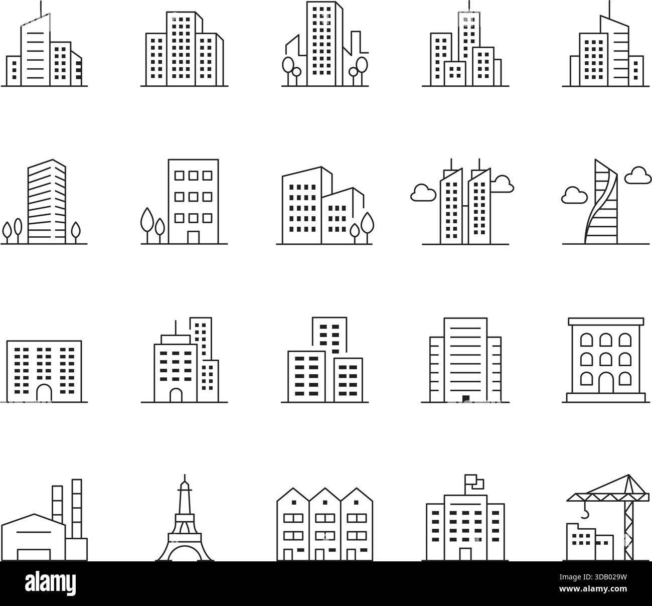 Set icone linea sottile edificio e architettura. Simboli vettoriali per il paesaggio urbano, i grattacieli, gli immobili, le costruzioni e le strutture urbane. Illustrazione Vettoriale