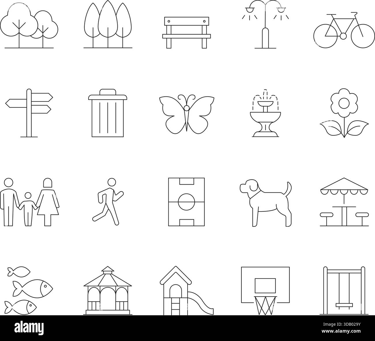 Set di icone delle linee sottili per il parcheggio e le attività ricreative all'aperto. Simboli vettoriali per spazi pubblici, natura, panchina, parco giochi e attività ricreative. Illustrazione Vettoriale