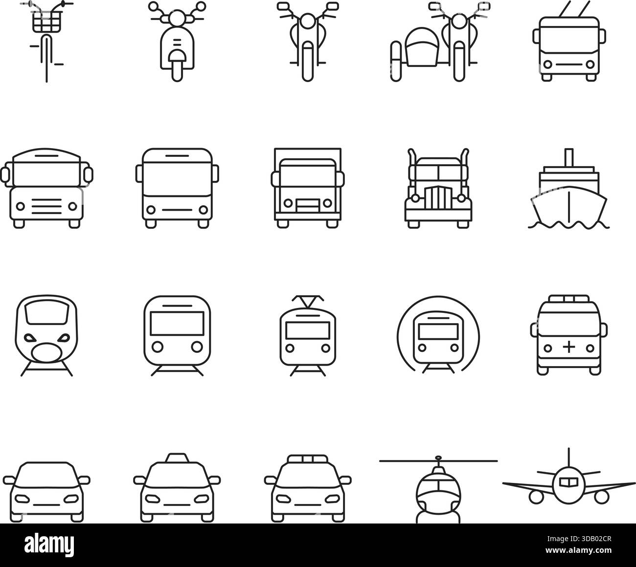 Set di icone delle linee sottili per trasporto e viaggio. Simboli vettoriali per trasporto pubblico, veicoli a motore, spedizioni, autobus, treni, e Global Logistics. Illustrazione Vettoriale