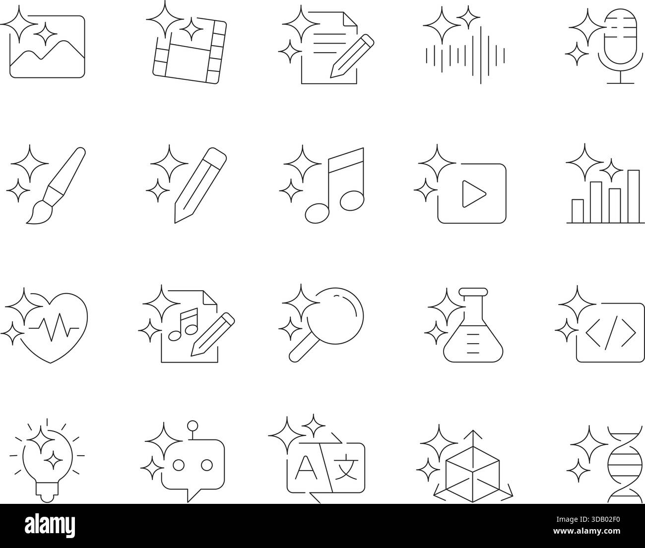 Set icone linea sottile ai generative. Raccolta di simboli generali per intelligenza artificiale, apprendimento automatico, creatività e innovazione tecnologica. Illustrazione Vettoriale