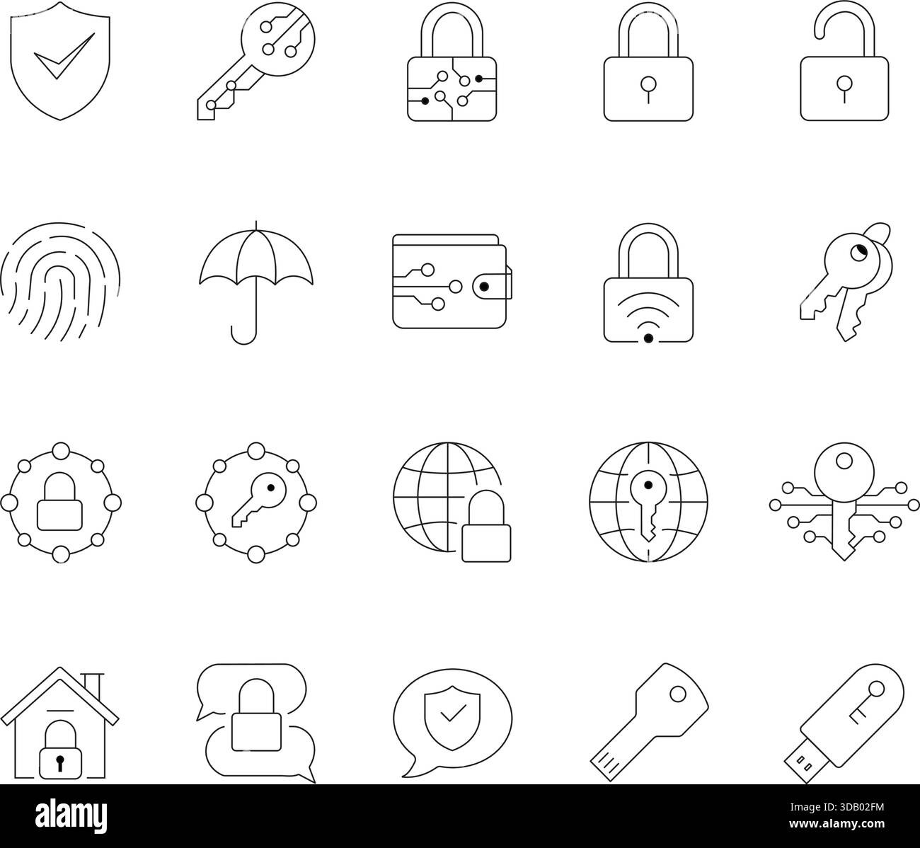 Set icone linea di sicurezza. Raccolta di simboli generali per protezione, sicurezza informatica, sicurezza digitale, accesso e crittografia dei dati. Illustrazione Vettoriale
