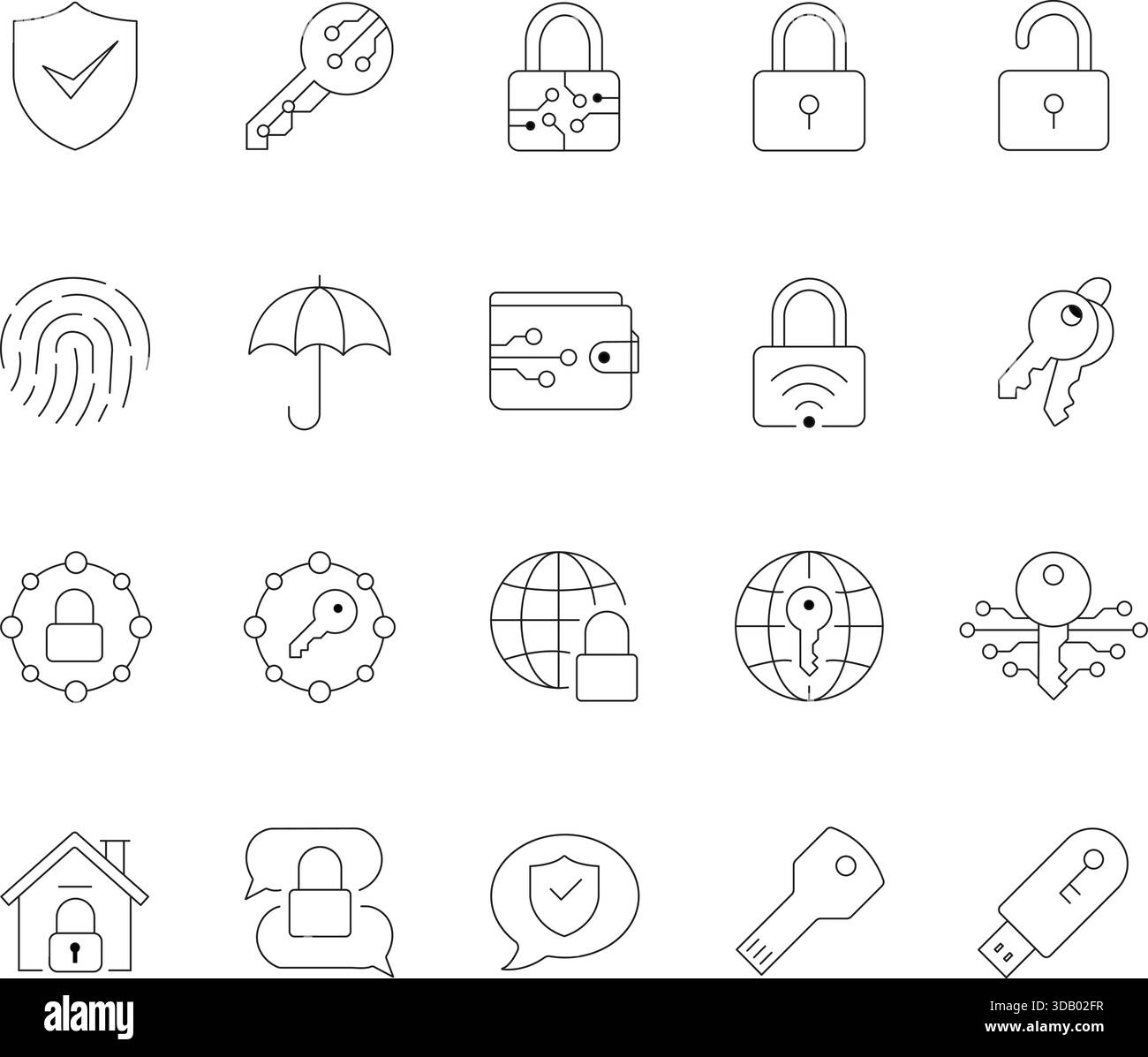 Set icone linea di sicurezza. Raccolta di simboli generali per protezione, sicurezza informatica, accesso digitale, privacy e crittografia dei dati. Illustrazione Vettoriale