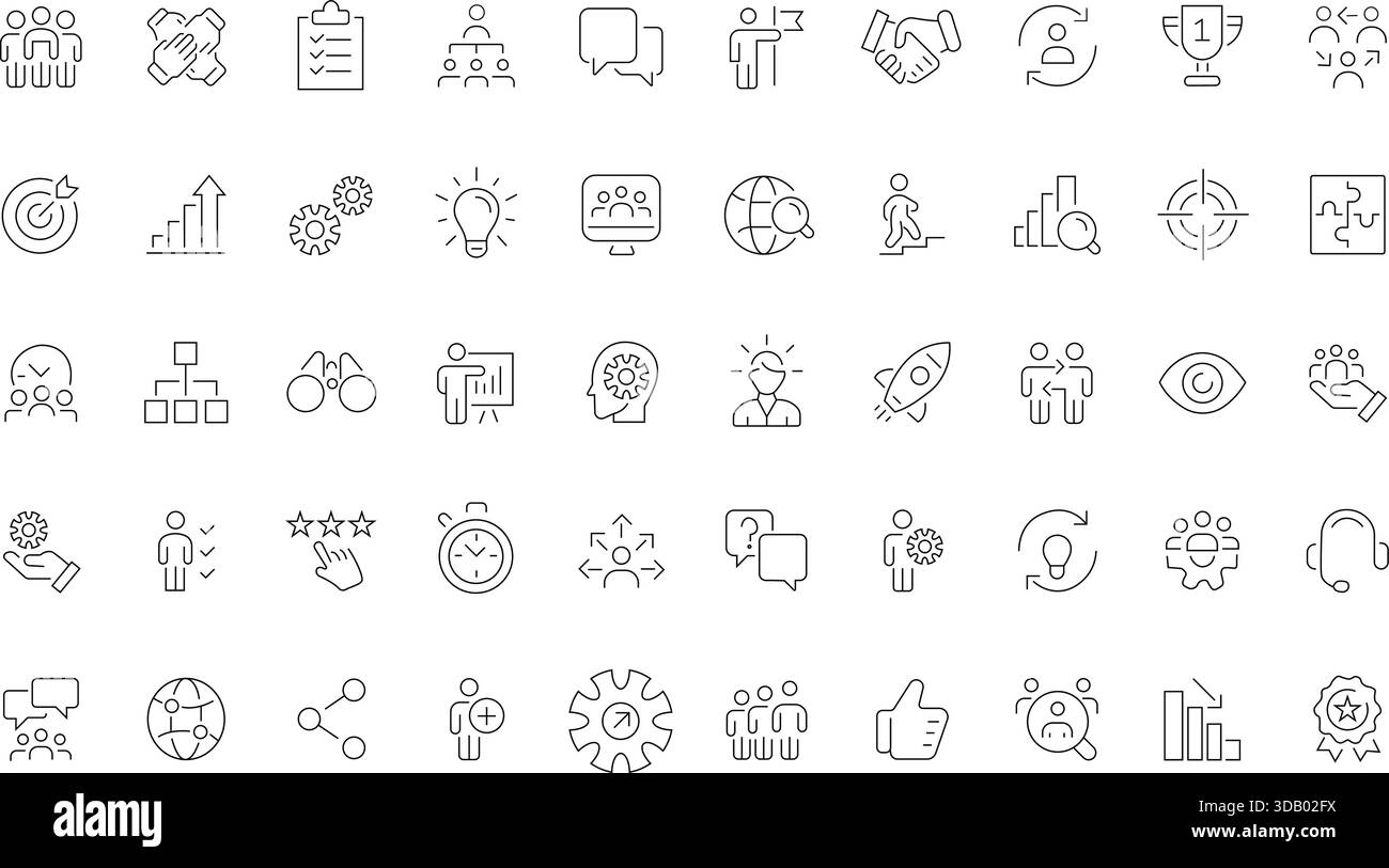 Set icone linea di lavoro team. Raccolta di simboli generali per la collaborazione aziendale, il successo, la leadership, la strategia e gli obiettivi aziendali. Illustrazione Vettoriale