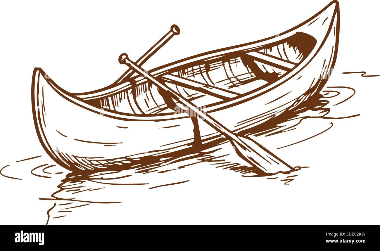 Una piccola barca a remi in legno disegnata a mano che poggia sul bordo dell'acqua con remi incrociati. Illustrazione Vettoriale