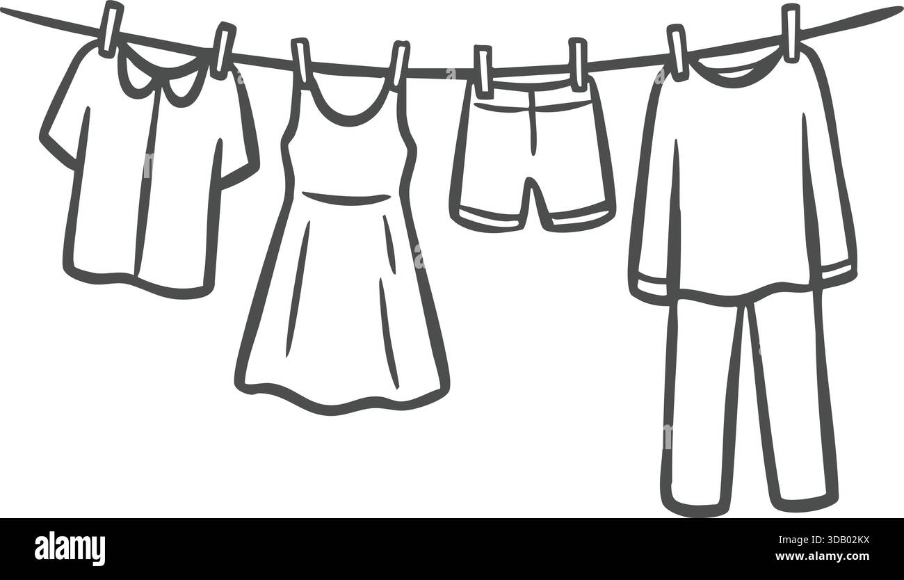 Un semplice schizzo di una clothesline che contiene camicie pantaloncini e un abito ritagliato con clothespins. Illustrazione Vettoriale