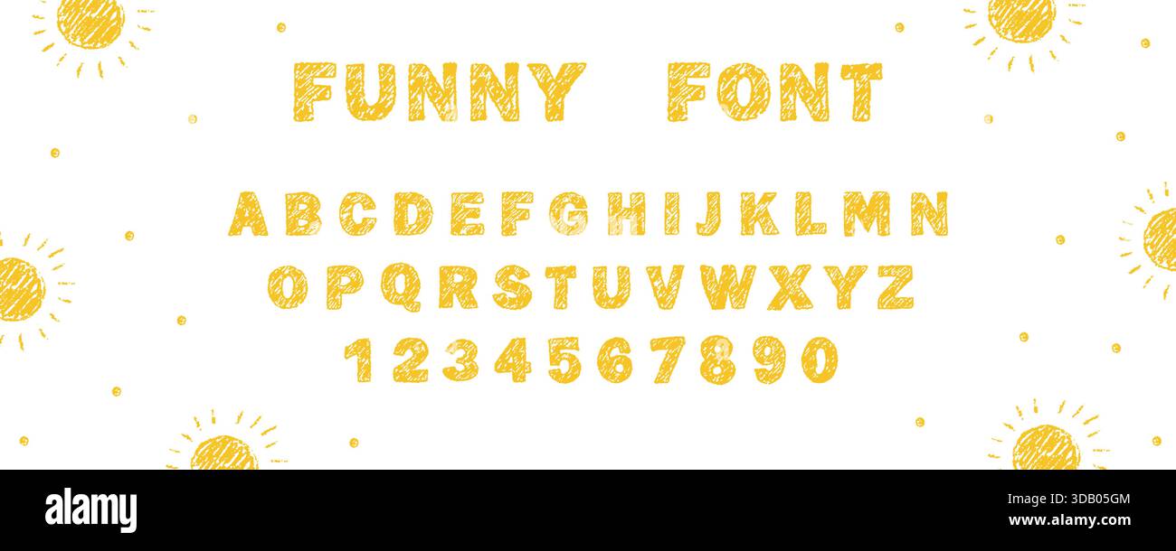 Pastello dell'alfabeto inglese. Caratteri divertenti per la scrittura dei bambini. Lettere e numeri gialli. Consistenza del gesso o della cera. Illustrazione vettoriale Illustrazione Vettoriale