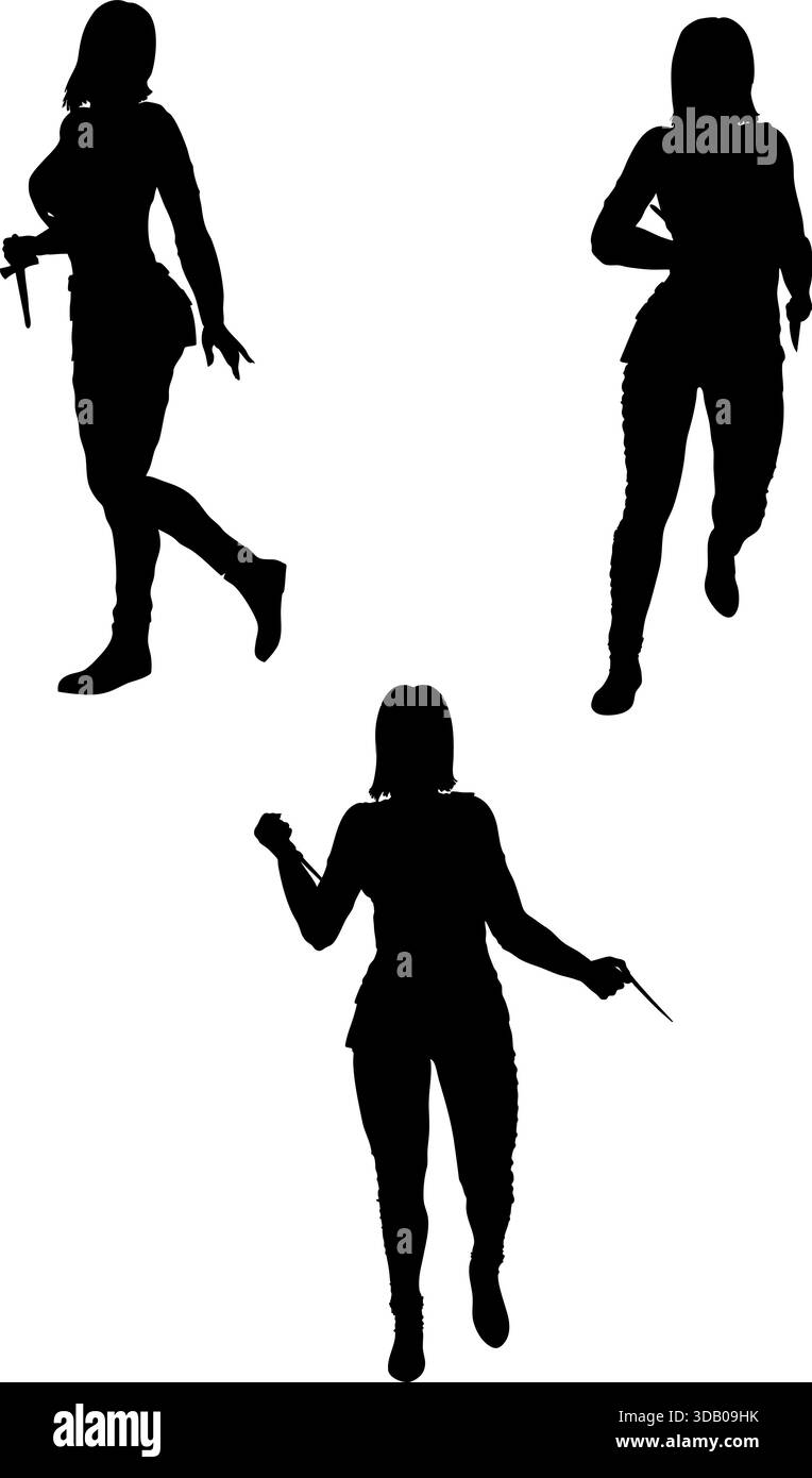 Silhouette nera di una donna che tiene in mano un coltello, catturando energia e movimento. Figura femminile misteriosa, forte e audace, perfetta per i temi Illustrazione Vettoriale