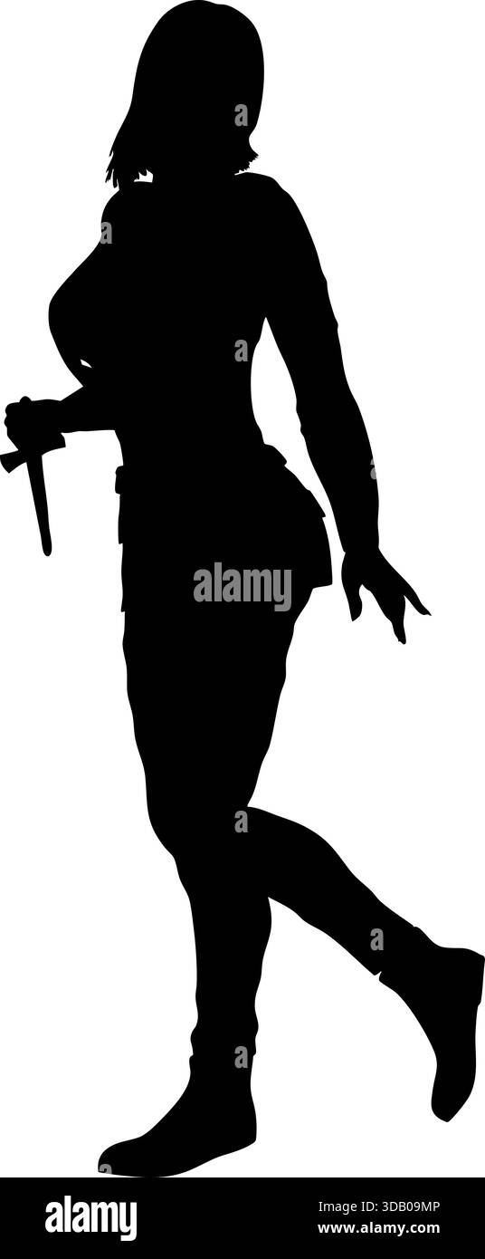 Silhouette nera di una donna che tiene in mano un coltello, catturando energia e movimento. Figura femminile misteriosa, forte e audace, perfetta per i temi Illustrazione Vettoriale