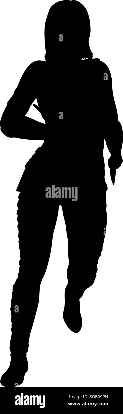 Silhouette nera di una donna che tiene in mano un coltello, catturando energia e movimento. Figura femminile misteriosa, forte e audace, perfetta per i temi Illustrazione Vettoriale