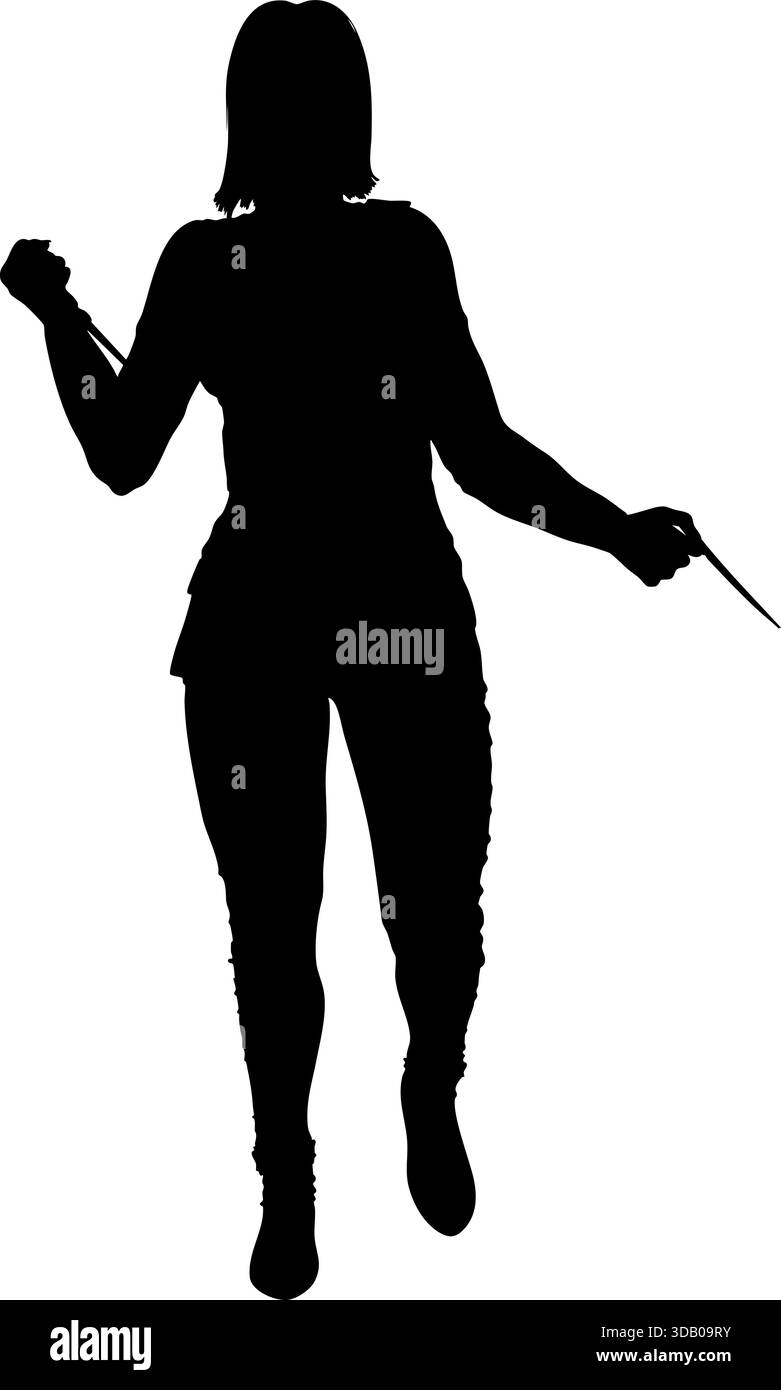 Silhouette nera di una donna che tiene in mano un coltello, catturando energia e movimento. Figura femminile misteriosa, forte e audace, perfetta per i temi Illustrazione Vettoriale