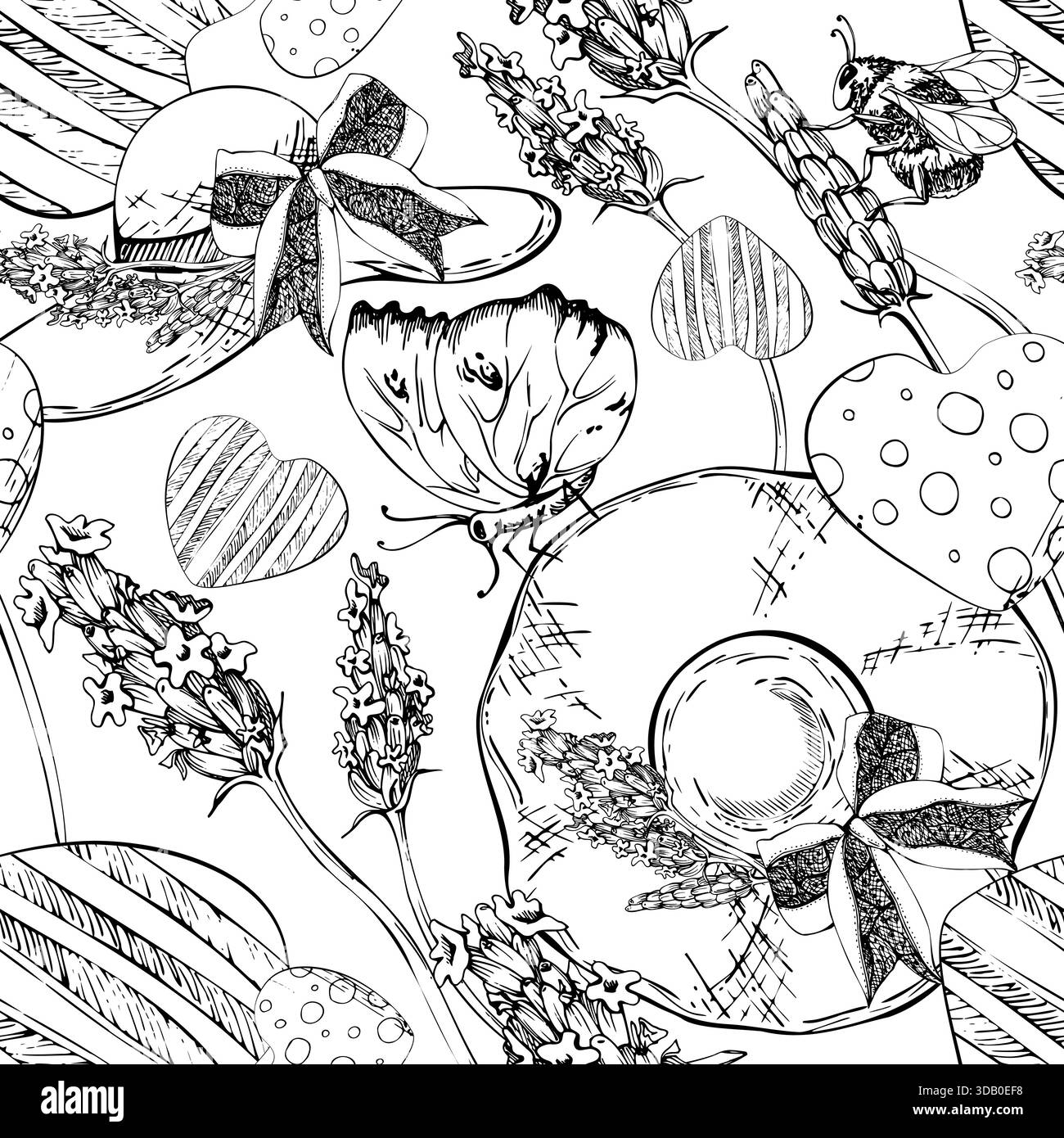 Il nastro di lavanda si inchina su cappelli di paglia, cuori rustici, farfalle, fiori singoli di lavandula. Motivo senza cuciture disegnato a mano con inchiostro vettoriale. Rimedio naturale Illustrazione Vettoriale