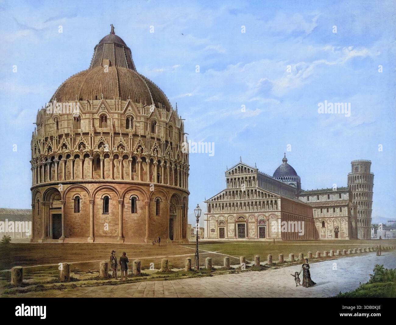 DAS Baptisterium und die Kathedrale am Platz der Wunder a Pisa, Toskana, Italien, authentische Reproduktion eines Schulwandbildes, historisch, um 190 Foto Stock