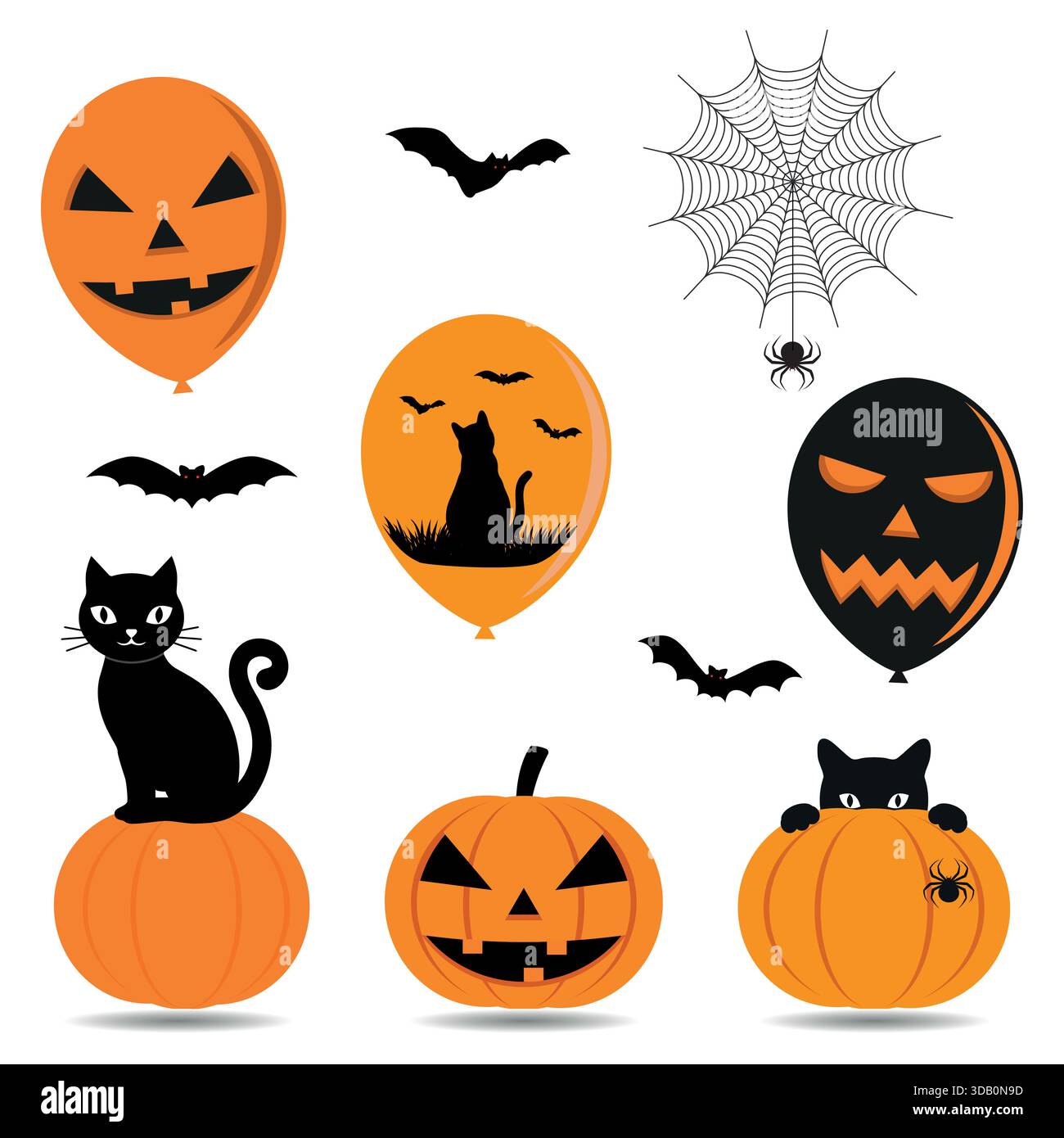 Illustrazione di una serie di elementi per Halloween su sfondo bianco. Illustrazione Vettoriale