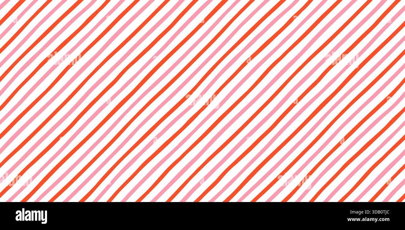 Grazioso motivo vettoriale a strisce diagonali rosa e rossa, sfondo di canna da zucchero natalizia con linee inclinate Illustrazione Vettoriale