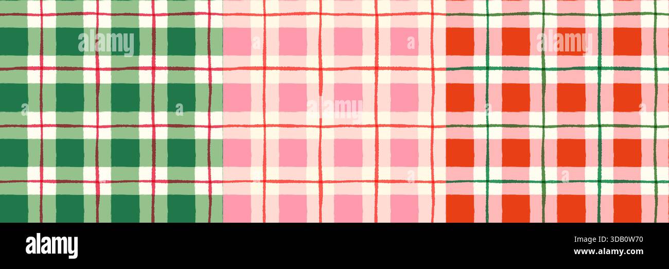 Set vettoriale con motivo a quadri rosso, verde e rosa per sfondi natalizi, tessuti e disegni di carta Illustrazione Vettoriale