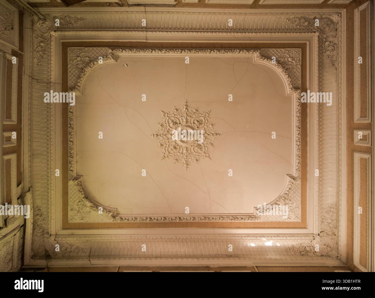 Soffitto in gesso incrinato ornato con medaglione decorativo in una villa abbandonata Foto Stock