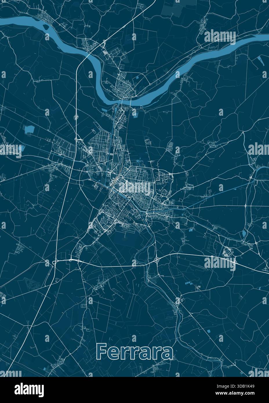 Mappa di Ferrara, Italia, resa in sfumature di blu. Il layout della città è raffigurato con belle linee bianche che illustrano strade e corsi d'acqua Illustrazione Vettoriale
