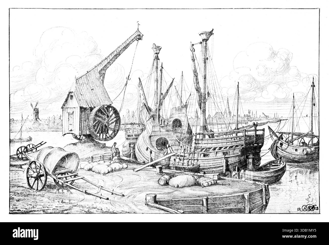 The Crane, XV secolo Flanders, 1913 disegno per pannello murale di Robert Morton Nance, dalla rivista Studio del 1914 Foto Stock