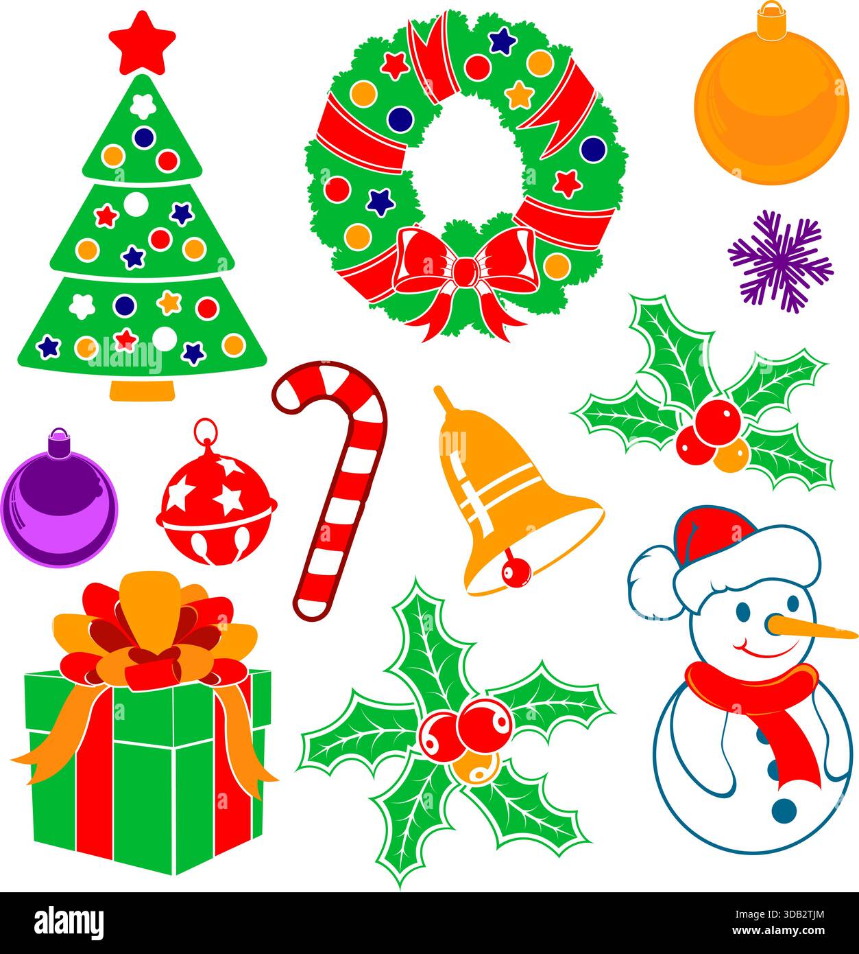 Imposta icone di Natale in stile piatto e colori vintage con albero, pupazzo di neve, caramelle, fiocco di neve, vettore isolato su bianco Illustrazione Vettoriale