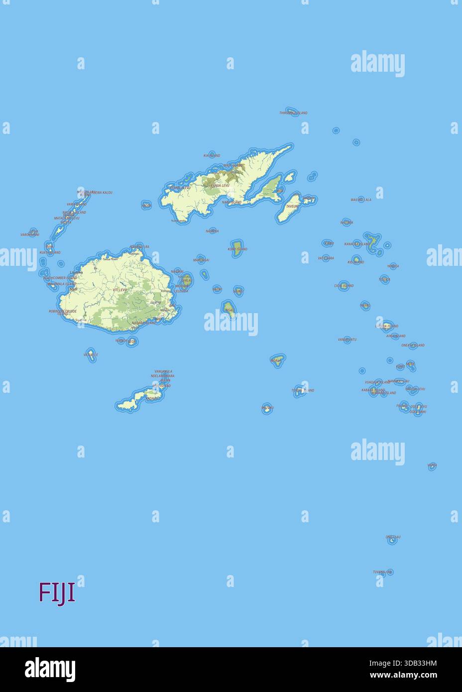mappa delle Figi, un paese insulare in Melanesia, parte dell'Oceania nell'Oceano Pacifico. La mappa presenta le isole principali e numerose isole minori Illustrazione Vettoriale